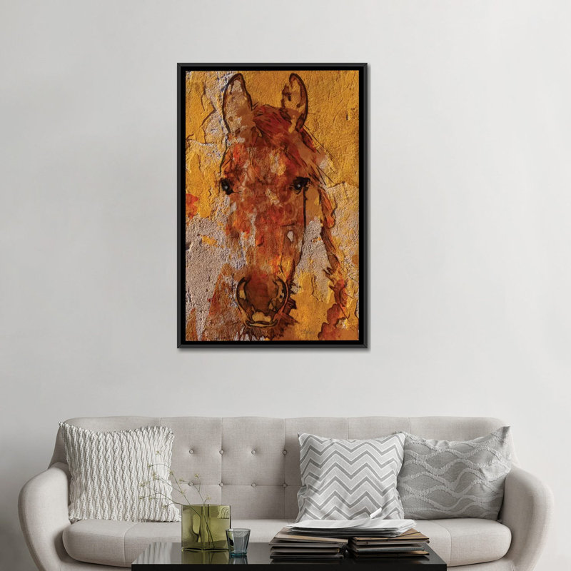 Jaune cheval, impression sur toile tendue, H 26 po x l 18 po x P 1,5 po, Toile avec cadre noir, Pas de tapis