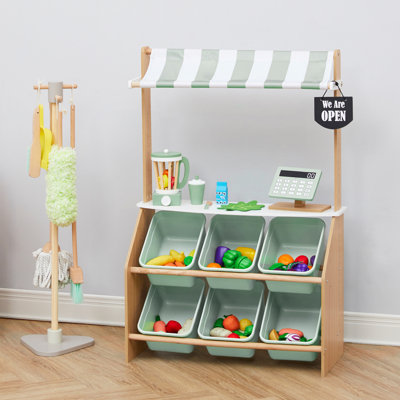 Teamson Kids Little Helper Farmer’s Market Prentend Play Stand with Storage Bins, Awning & Accessories