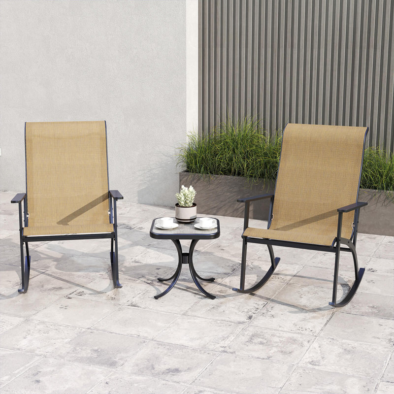 Ensemble de 3 chaises berçantes de patio avec dossier haut et table basse en bois-plastique