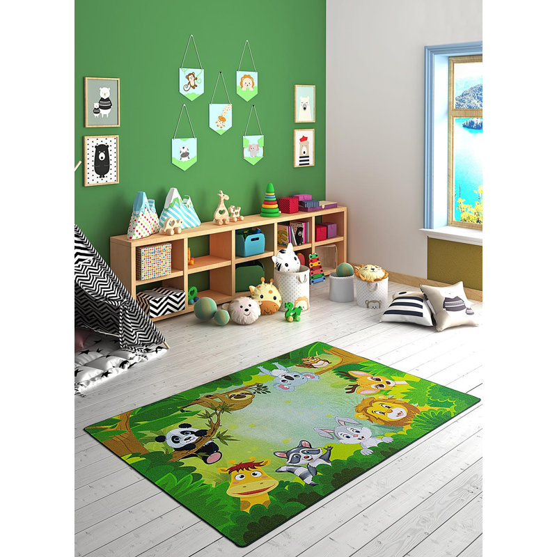 Tapis rectangulaire en polyamide touffeté à la machine Ary en vert / jaune / brun, Rectangle 6 pi 7 po x 9 pi 6 po