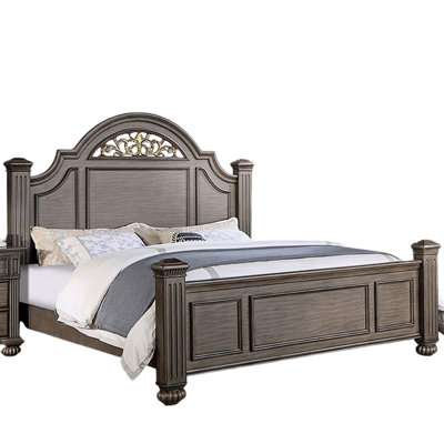 Très grand lit contemporain gris, configuration à panneaux avec tête de lit exquise à motif floral de style transitionnel captivant
