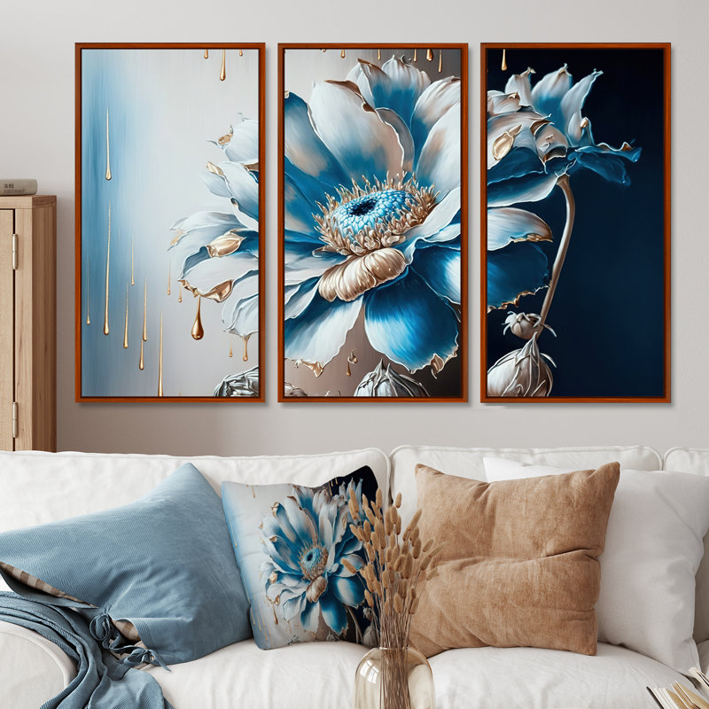 Ice Blue Daisy I - 3 pièces, reproduction sur toile, Naturel, H 40 po x l 60 po x P 1 po
