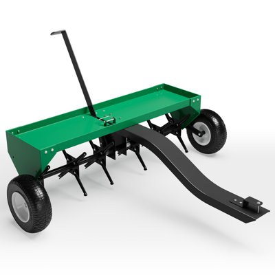 40-In Tow Behind Plug Aerator for Lawn Tractor & ATV, 24 Steel Tines, 150 LB Weight Tray, Universal Hitch, Inflatable Wheels, Green
