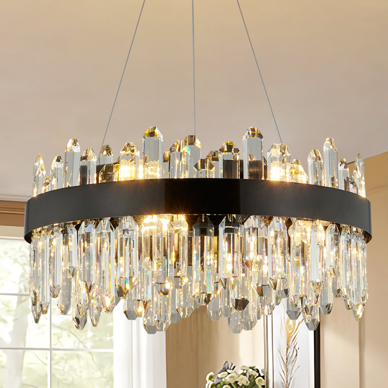 12-Lights Modern Black Round Crystal Chandelier, 21 "Diameter, Height Adjustable, Suitable for Living Room, Dining Room, Bedroom, Kitchen Island, Porch