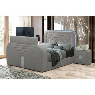 Gray Teddy Sherpa & Chrome Bed w/Led, TV Stand, Fireplace & Bluetooth