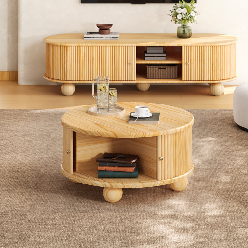 Table basse ronde cannelée avec rangement, bois de pin massif, porte coulissante, Naturel