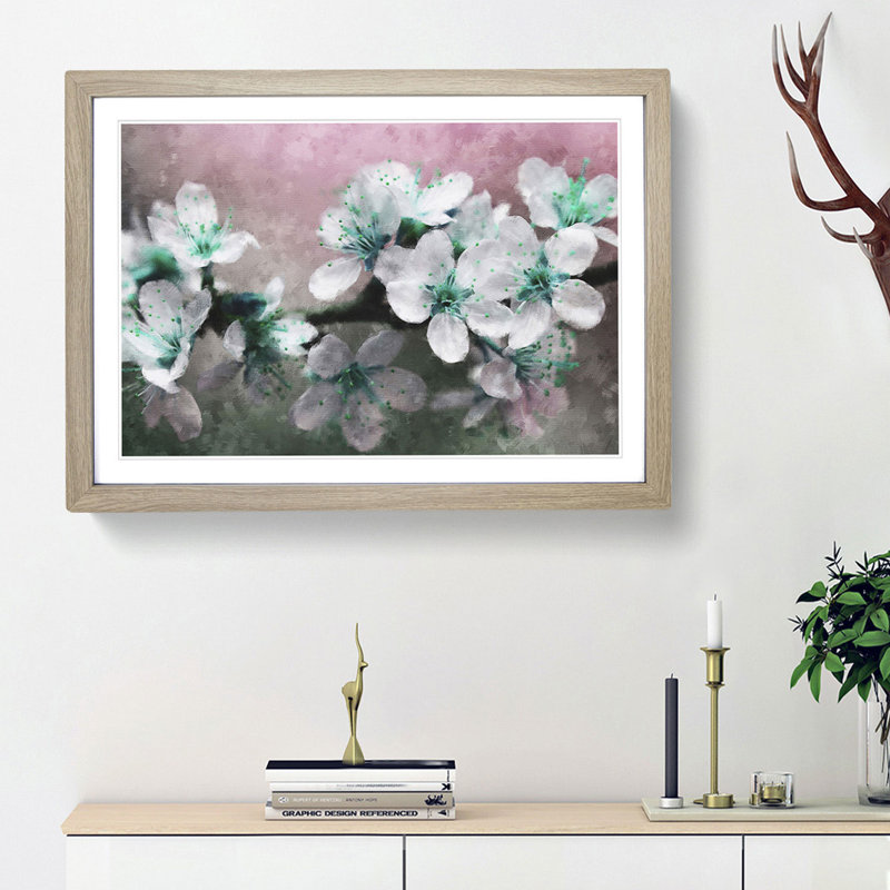 White Cherry Blossom Tree in Bloom - Picture Frame Painting Print, Oak Framed, 24cm H x 33cm W x 2cm D