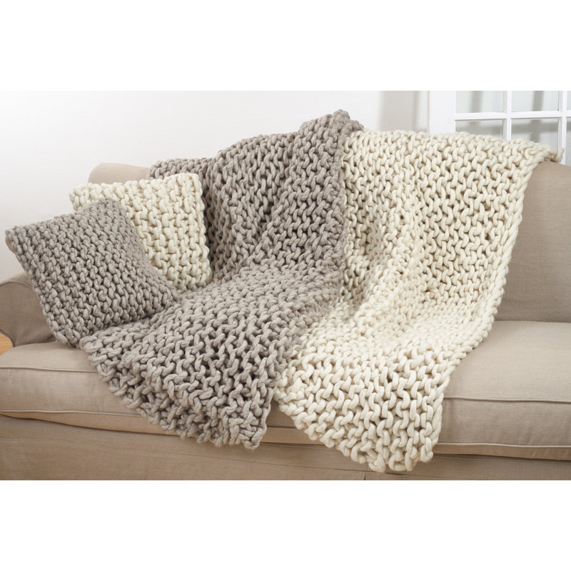 Ivory Chunky Knit Reversible Wool Throw Blanket, 50" x 60"