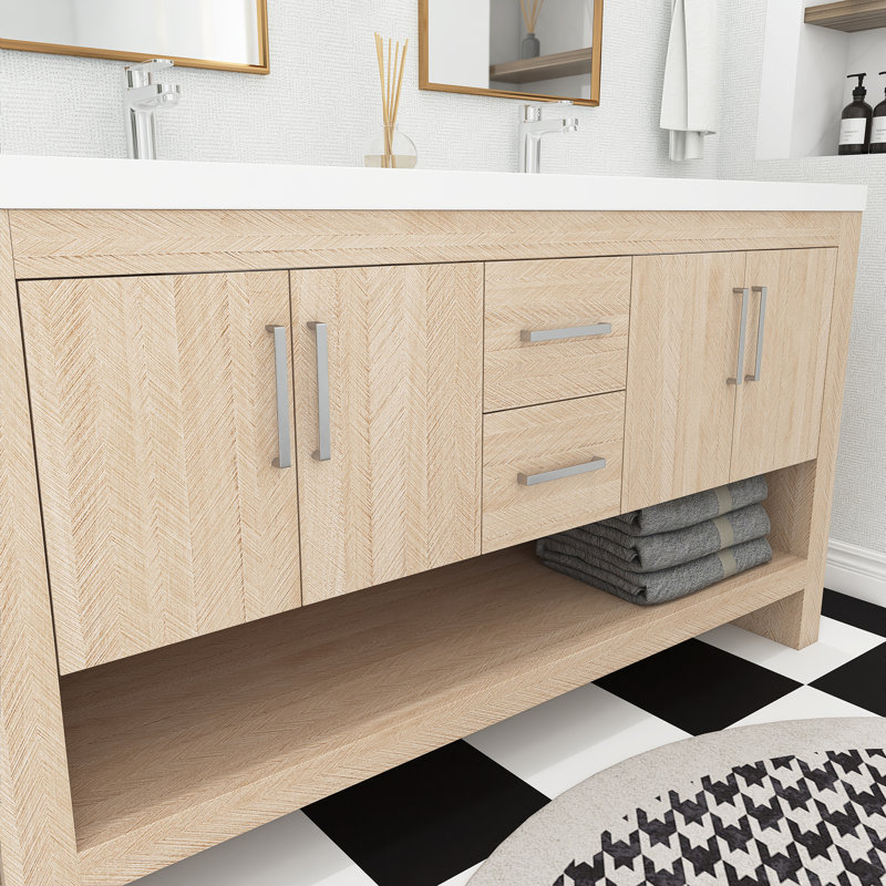 60 po L 21,34 po P 35,04 po Meuble-lavabo autoportant H en chêne clair avec double lavabo en acrylique blanc
