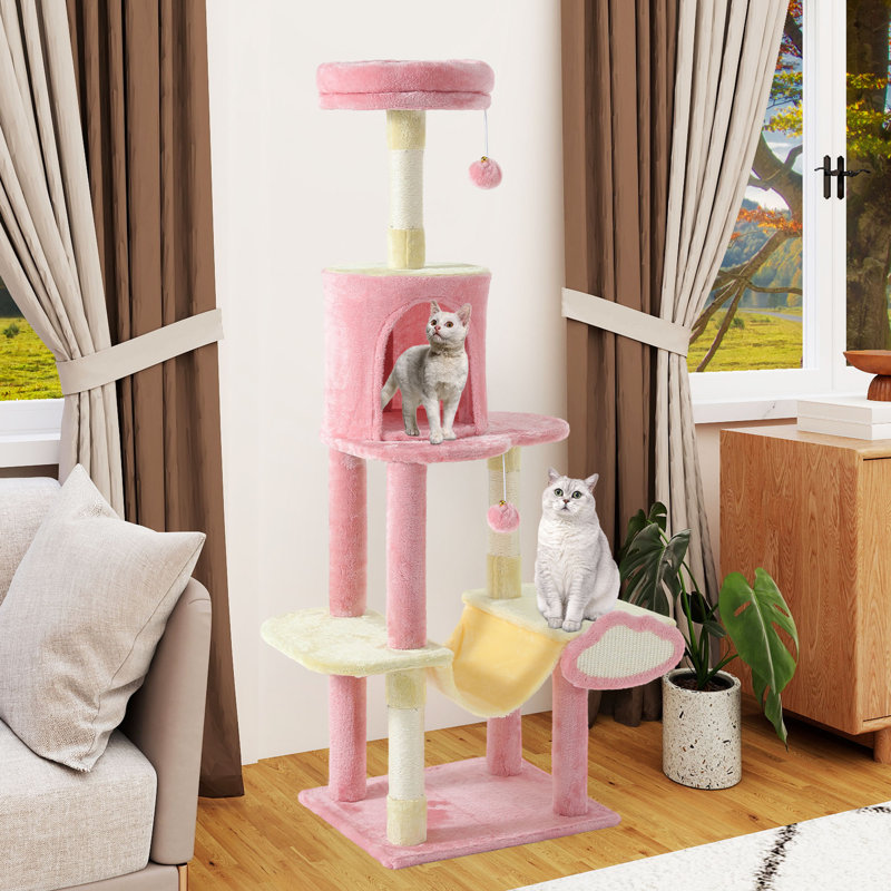 Cat Climbing Tree With Hammock, Scratching Posts, Two Dangling Balls, And Plush Hideaway, Cat Tower For Apartment, Pink