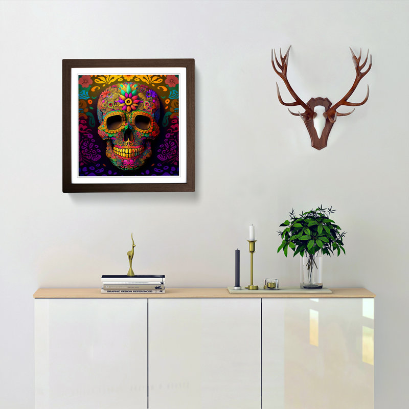 Sugar Skull Colour Field Painting - Single Picture Frame Print on Wood, Walnut