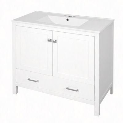 Meuble-lavabo de 36 po avec lavabo en céramique, portes à fermeture en douceur, tablettes de rangement doubles et tiroir divisé - Armoire de salle de bain avec rangement spacieux