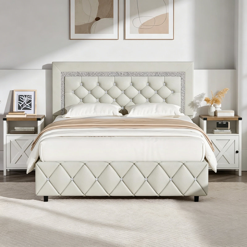Ensemble de lit plateforme en similicuir Alber, Lit double, Crème / Blanc
