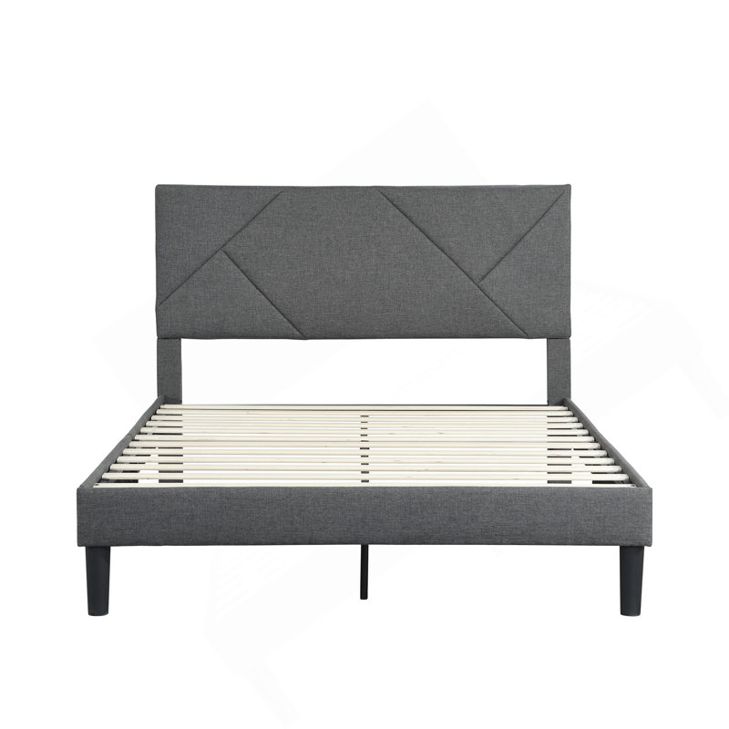 Structure de lit double tapissier pleine grandeur avec tête de lit, support de lattes en bois massif, sommier à ressorts, aucun sommier requis, assemblage facile, gris