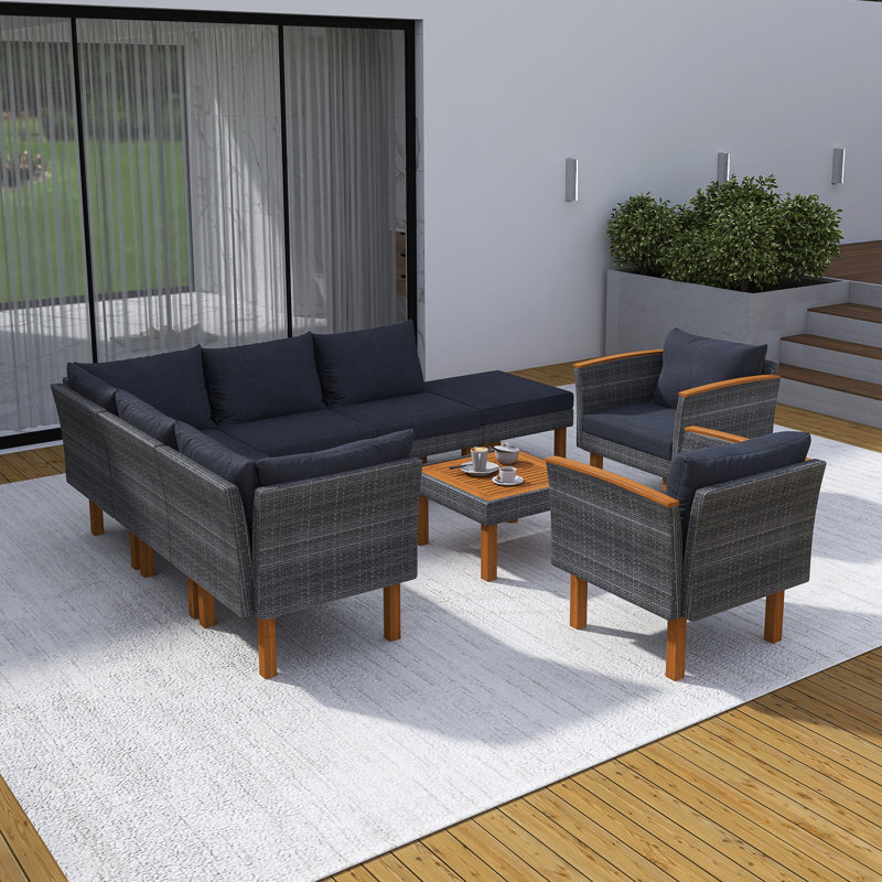 Ensemble de canapé modulaire en osier 9 pièces 9 pièces avec table basse, Gris