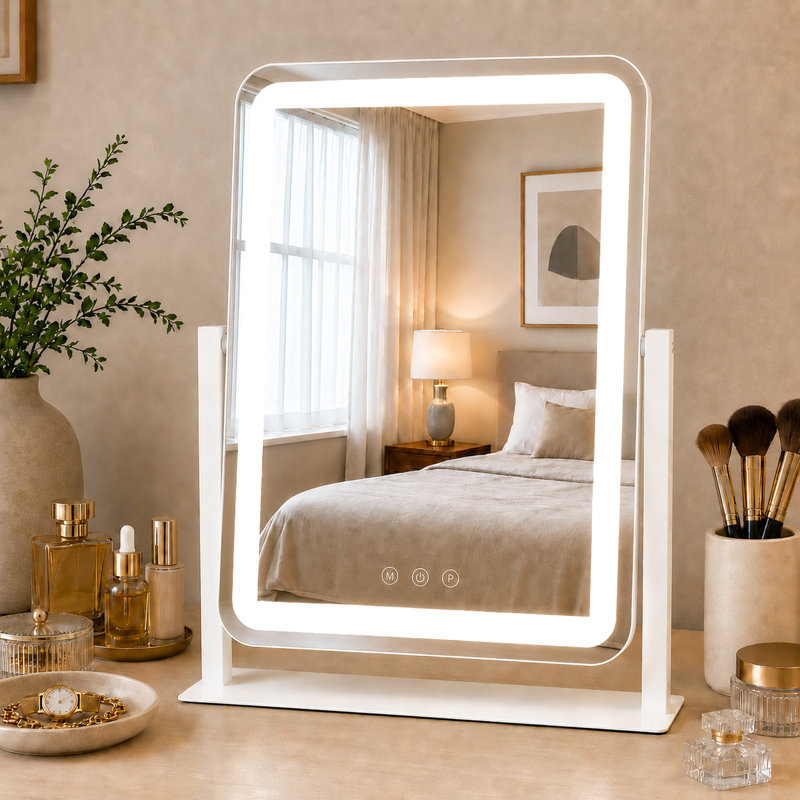 Rectangle LED Bedroom Mirror with Adjustable Lights, 360° Rotation, Rounded Edge