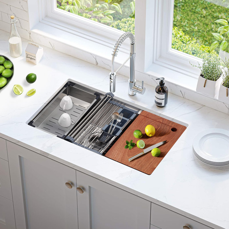 30'' L Undermount Single Bowl Stainless Steel Kitchen Sink with Drain, Colander, Cutting Board, Strainer, Grid, Dish-Drying Rack and Utensil Drying Rack
