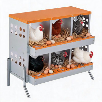 Galvanized Steel Chicken Nesting Box with Stand, Hinged Lid Egg Collection, Removable Divider Tray, Rustproof Metal Laying Boxes, Orange - 6 Grids 83 x 43 x 76 cm
