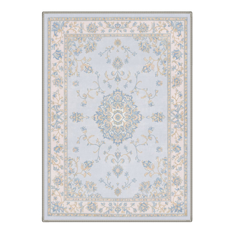 Abadou Floret Vintage Floral Medallion Machine Washable Beige / Blue Indoor Area Rug with Non-Slip Backing, Lavender