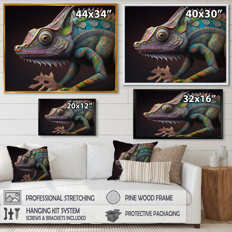 «Drita Gros plan sur Caméléon coloré IV», reproduction sur toile, H 34 po x l 44 po x P 1,5 po, Toile avec cadre flottant or