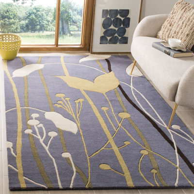 Tapis bleu à motif floral en laine touffeté à la main Avayah