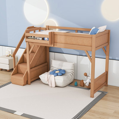 Loft Bed with Built-in Wardrobe, Stairs and Storage Shelves