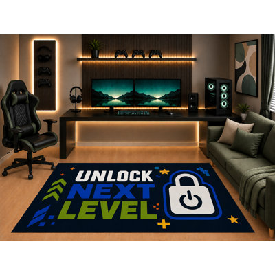 "Ultra Light Weight" 5' x 7' Unlock Next Level Gaming Area Rug Modern Gamer Graphic for Boys Teen Bedroom Game Room Playroom Non-Slip Silicone Backing Low Pile