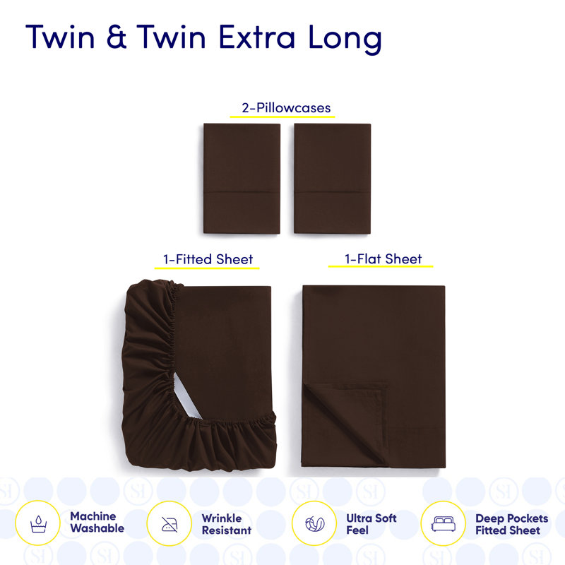 Ensemble de draps luxueux en microfibre douce avec taies d'oreiller en prime, Brun