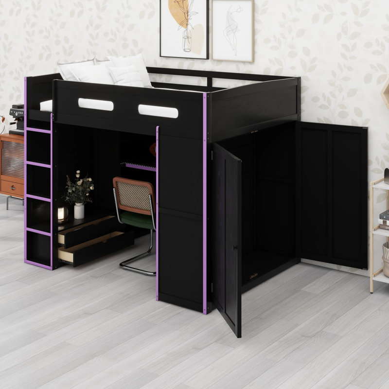 Lit mezzanine en bois avec bureau, armoire, grand espace de rangement et éclairage DEL RVB, Purple
