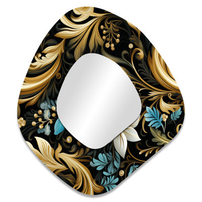 Black And Gold Damask Flower Blossoms - Damask Asymmetrical Mirror, Black Unique Shape Unique Wall Mirror, Printed Metal Art