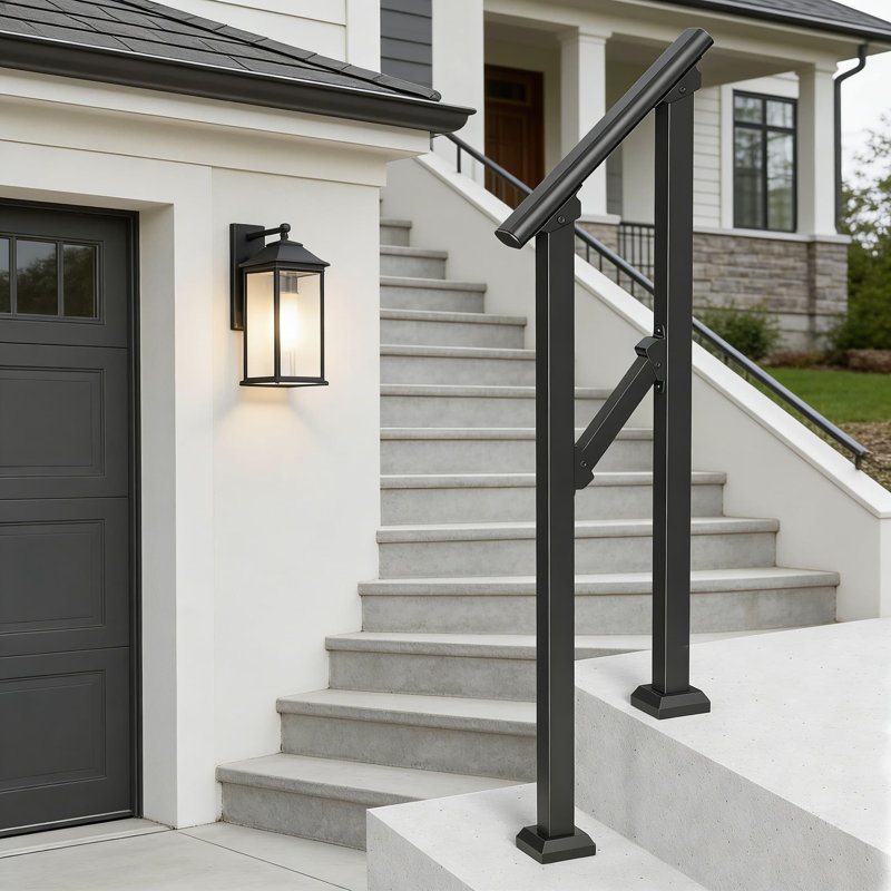 Outdoor Stair Handrail Kit For 1-2 Steps, Heavy-Duty Transitional Steel Railing With Installation Hardware, Safety Rail For Seniors, Concrete Porch Deck And Steps