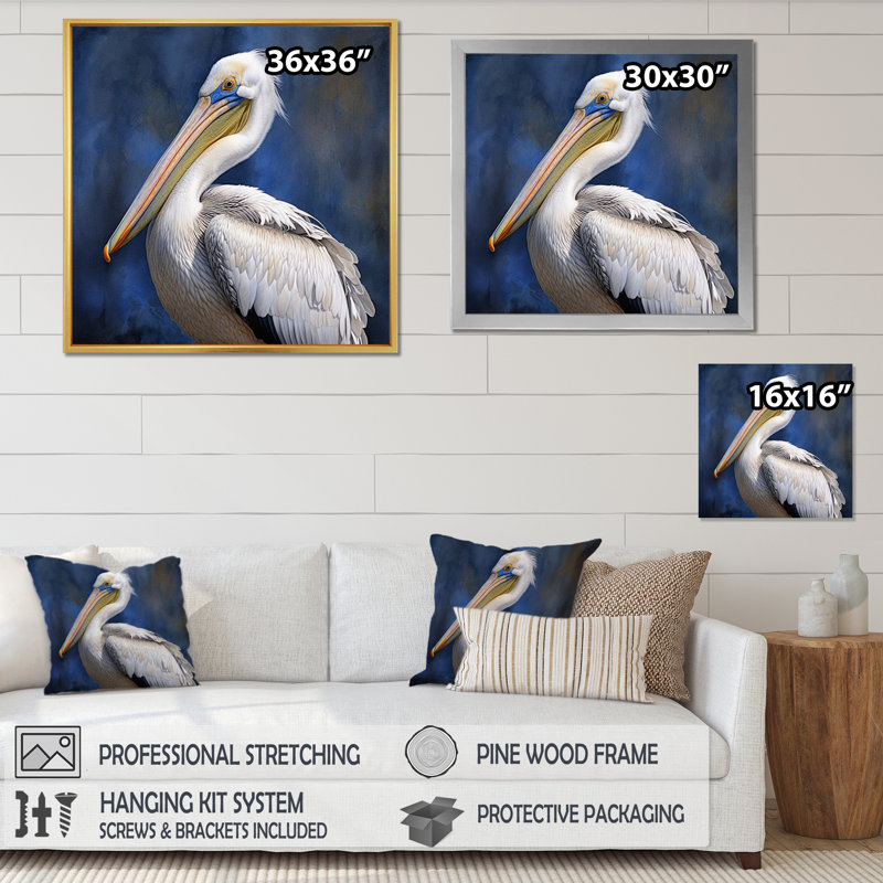 «Majestic Pelican Seabird V», reproduction sur toile, H 16 po x l 16 po x P 1 po, Cadre argenté flottant