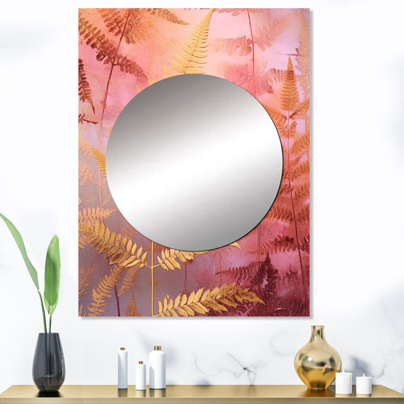 Gold Pink Fern Fonds - Floral Large Mirror, Gold Unique Wall Mirror Decor, Printed Metal Art, 40" x 30"