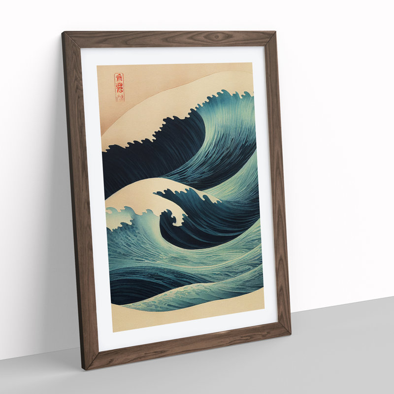 Traditional Japanese Wave No.7 - Wall Art, 48cm H x 36cm W, Walnut Framed, White