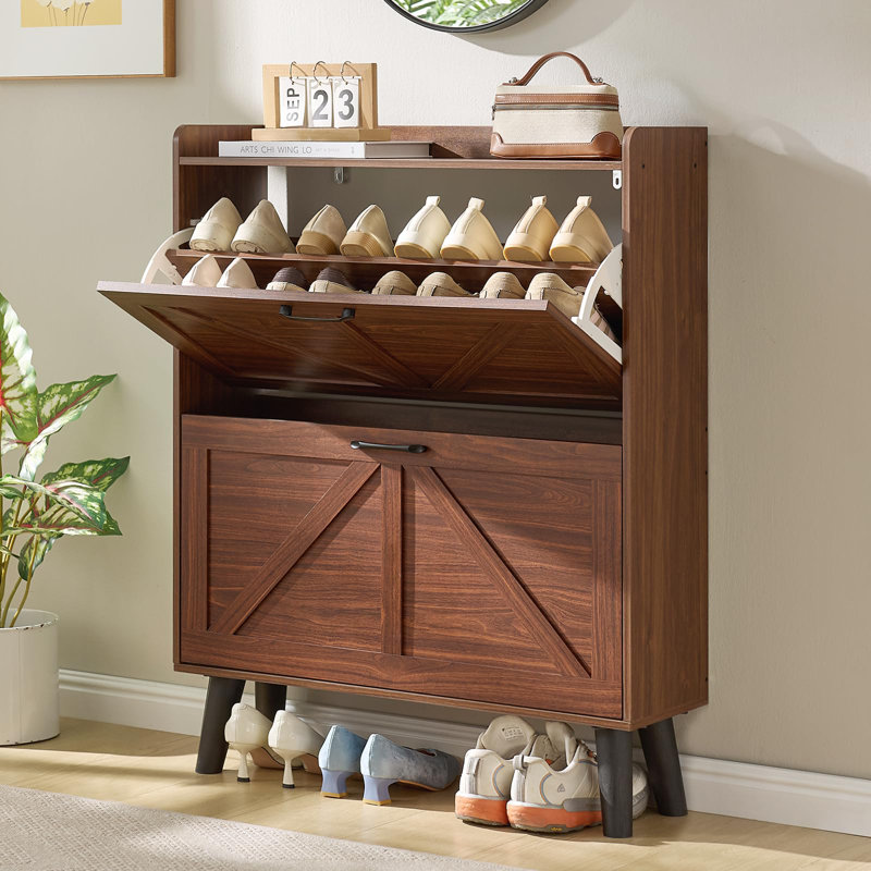 Shoe Cabinet Storage for Entryway with 2 Flip Drawers Rack Narrow Organizer Slim Hidden Wood Shoe Cabinet Furniture, Walnut