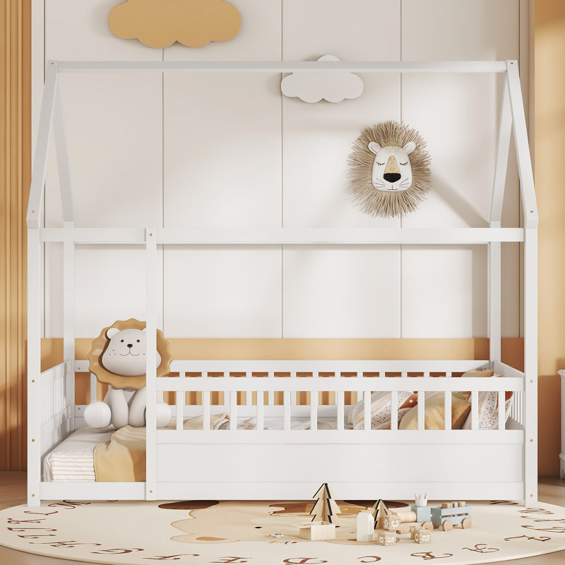Full Size Wooden House Bed with Fence for Kids, Low Profile Floor Bed with Playhouse Design, White, White, Full
