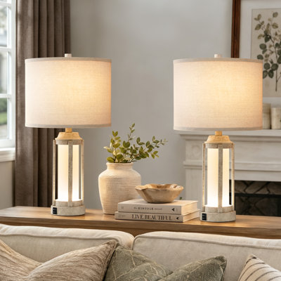 24" Modern Farmhouse Metal and Glass Oil-Rubbed Bronze Table Lamp with Night Light and USB Type-C Ports