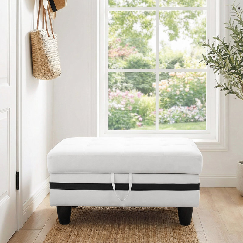 Rectangular Storage Ottoman Bench With Hinged Lid, Faux Leather Footrest For Living Room, Bedroom, Entryway, White With Black Strip, 35"X23.5"X17.5"