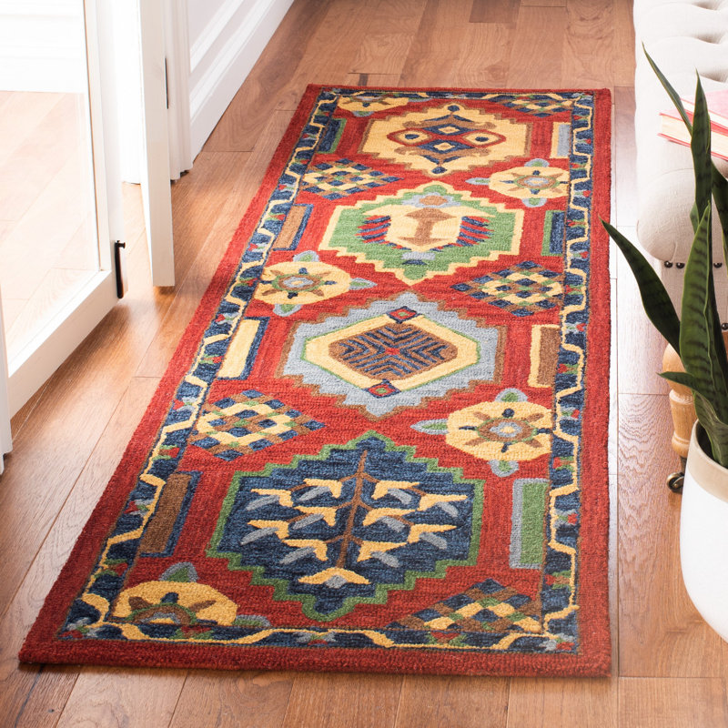 Tapis rouge / doré en laine touffeté à la main Gorou, Tapis de couloir 2 pi 3 po x 8 pi
