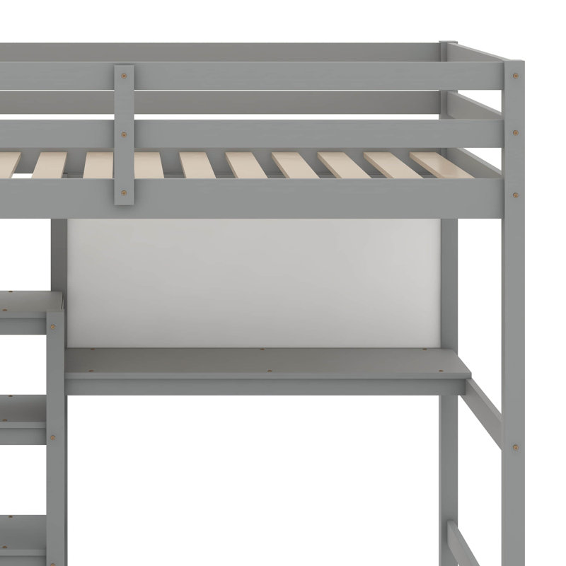 Twin Size Wooden Loft Bed With Shelves, Desk And Writing Board, Gray, Twin
