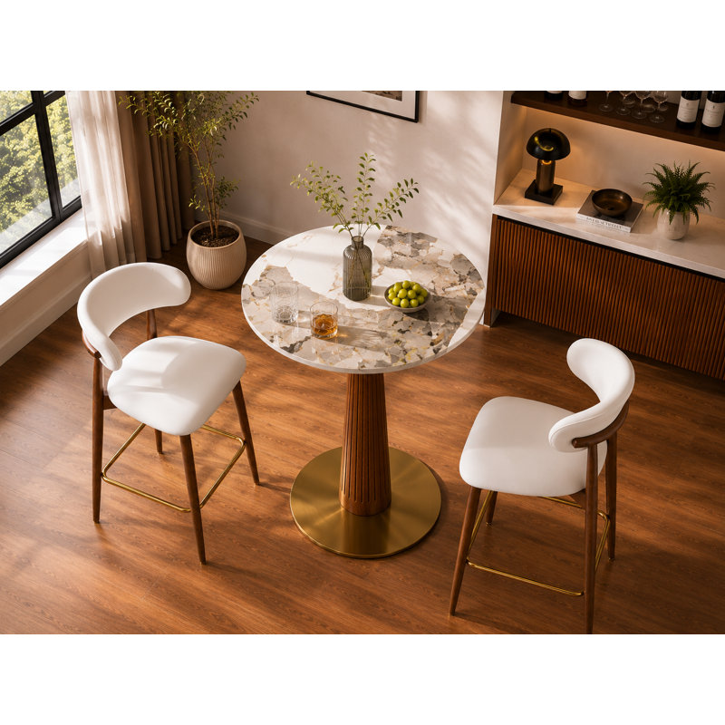 Table de bar ronde de 85 cm de hauteur (33,5 po) avec plateau en pierre frittée, disponible en plusieurs couleurs, pied central en bois d'hévéa massif et base en métal doré, style bistro moderne