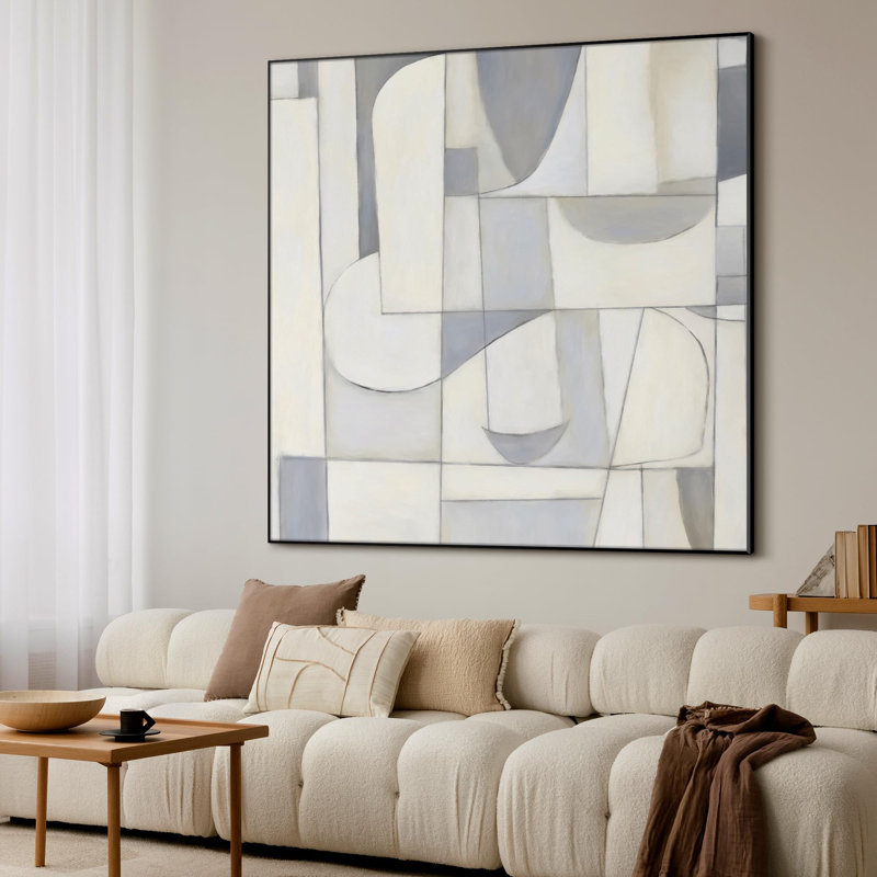 Très grande reproduction d'art sur toile - Doux cubiste gris et blanc, décoration abstraite pour le salon ou la chambre à coucher - «Assemblage requis du cadre (cadre non fini)»