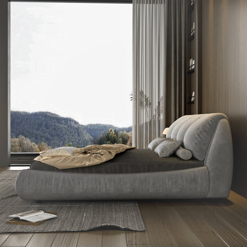 Lit de luxe tapissier grand avec housse à gratter et cadre en bois de pin de taille moderne, gris, Gris, Grand lit