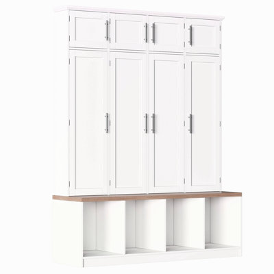 Farmhouse Hall Tree With 4 Hidden Hanging Hooks, Versatile Seating Bench With 8 Doors, Entryway Shoe Cabinet With Open Compartment For Living Room