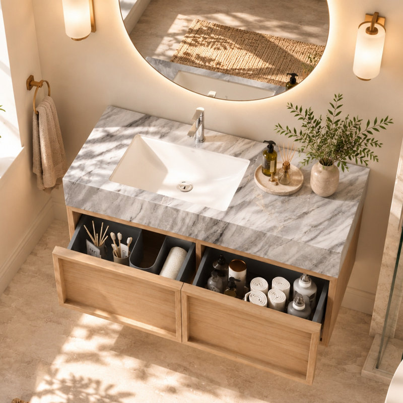 36" Modern Floating Bathroom Vanity with Sink, Wall-Mounted Wood Cabinet with Sintered Stone Countertop and Double Drawer Storage, Complete Drain Assembly Included