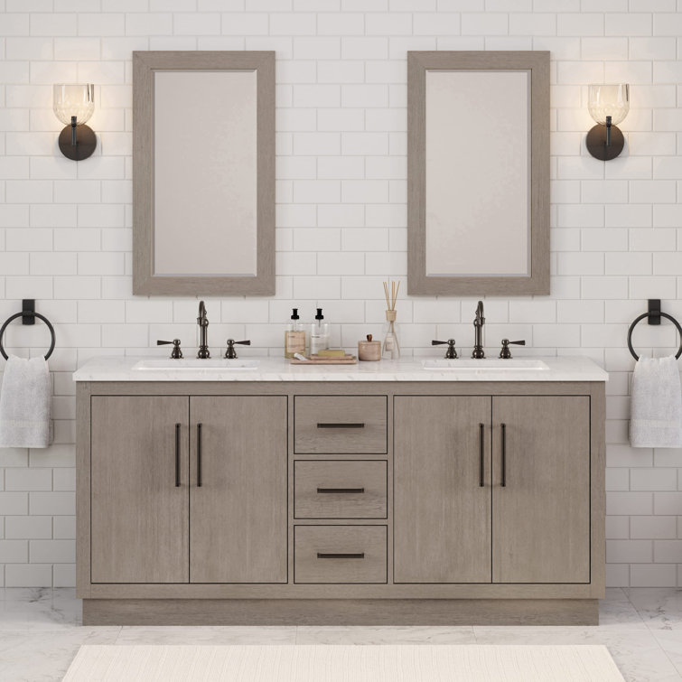 Kamila 72" Carrara White Marble Countertop Bath Vanity in Gray Oak with Faucet and Mirror