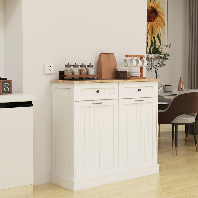 Armoire poubelle de cuisine à deux tiroirs et deux compartiments basculants - blanc