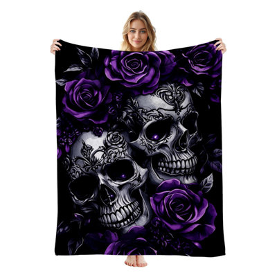 JYK Halloween Flannel Fleece Throw Blanket, Lightweight, Breathable, Soft Cozy Warm Plush Microfiber, 30"x40",  Purple Roses Skulls