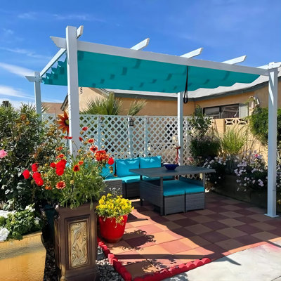PURPLE LEAF 10' X 10' Outdoor Retractable Pergola with Sun Shade Canopy Cover White Patio Metal Shelter for Garden Porch Yard BBQ Beach Gazebo Grape Trellis Pergola, Turquoise Blue