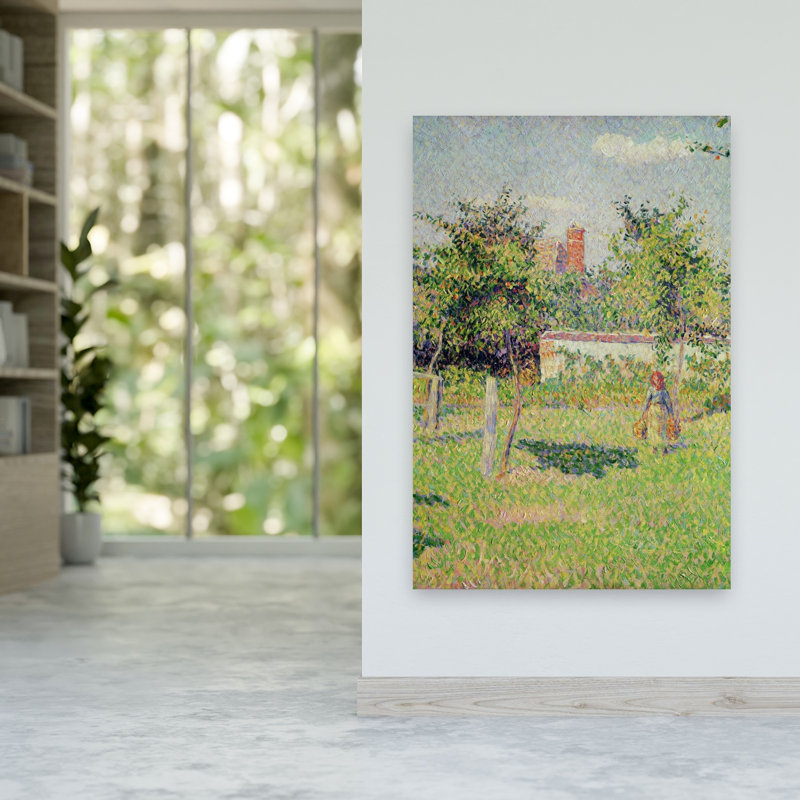 Femme dans la prairie à Eragny, printemps 1887. Estampe d'art mural contemporain abstrait impressionniste représentant un paysage arboré.